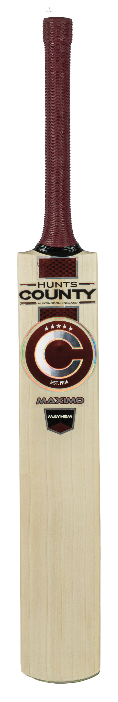 The Hunts County Maximo Mayhem Junior Cricket Bat is expertly crafted from premium English willow and features a maroon handle, distinctive Hunts County logos, text, and a circular Maximo Mayhem sticker on the blade—making it an excellent choice for young cricketers.