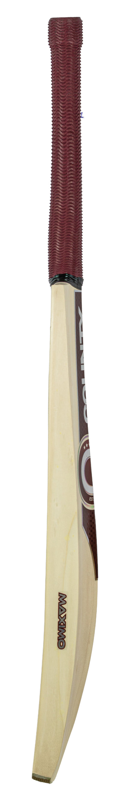 Introducing the Hunts County Maximo Mayhem Junior Cricket Bat by Hunts County—a traditional wooden cricket bat expertly crafted from premium English willow, featuring a curved blade and a maroon textured handle. Photographed against a white background, this bat is ideal for those seeking high-quality junior cricket bats.