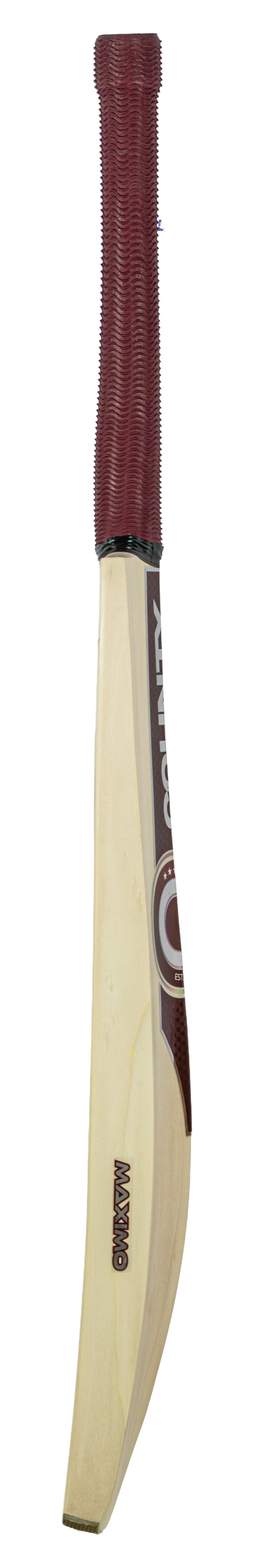 Introducing the Hunts County Maximo Mayhem Junior Cricket Bat by Hunts County—a traditional wooden cricket bat expertly crafted from premium English willow, featuring a curved blade and a maroon textured handle. Photographed against a white background, this bat is ideal for those seeking high-quality junior cricket bats.