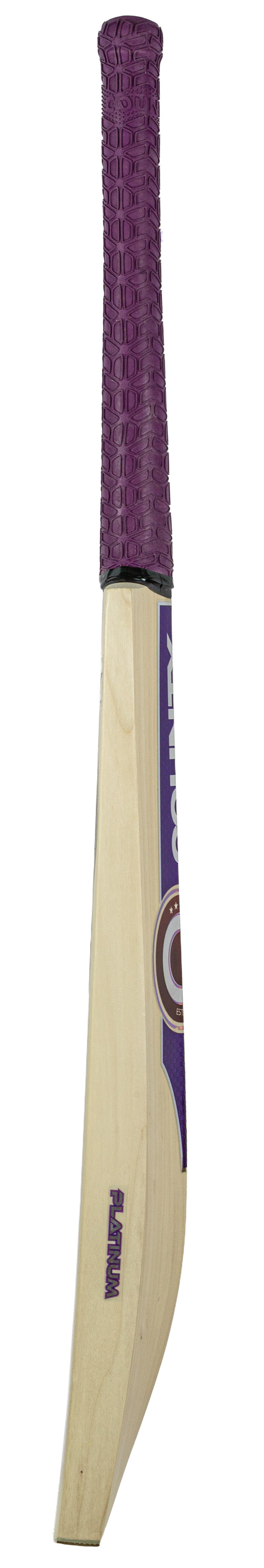 The Hunts County Platinum Players Junior Cricket Bat, made from premium English Willow and showcasing a vibrant purple grip with bold purple detailing, is displayed upright against a white background.