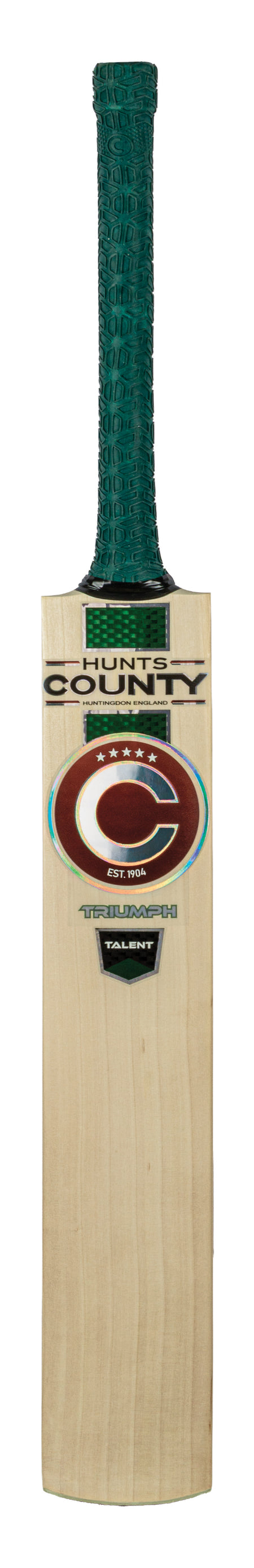 Introducing the Hunts County Triumph Talent Junior Cricket Bat, expertly crafted from high-quality English Willow. This bat features a durable wooden blade, a striking green textured grip, and bold front branding that showcases the distinctive ‘C’ logo alongside the word ‘County.’.