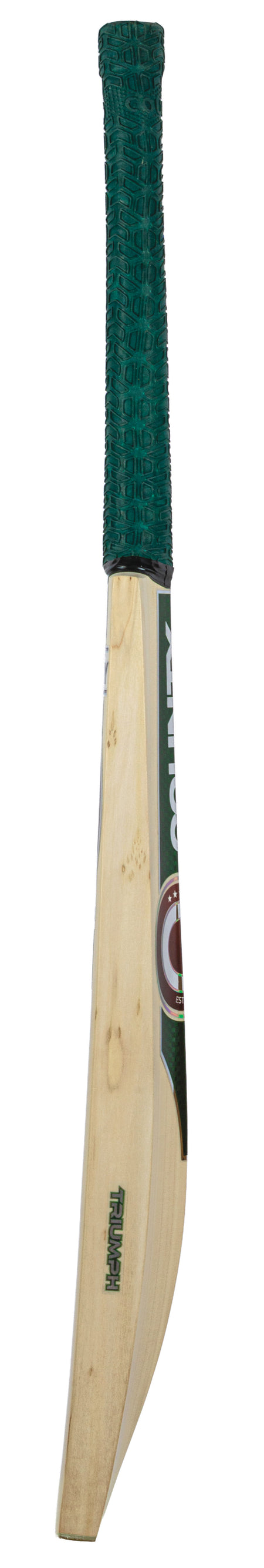 The Hunts County Triumph Talent Junior Cricket Bat, crafted from quality English Willow and featuring a green textured grip with branded stickers, is displayed standing upright against a white background.