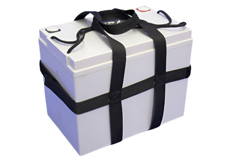 The Bola Bowling Machine Battery by Bola is a white, rectangular 12V AGM battery with black carrying straps and a handle. It features two top terminals—one red, one white—designed for easy replacement in your Bola Bowling Machine.