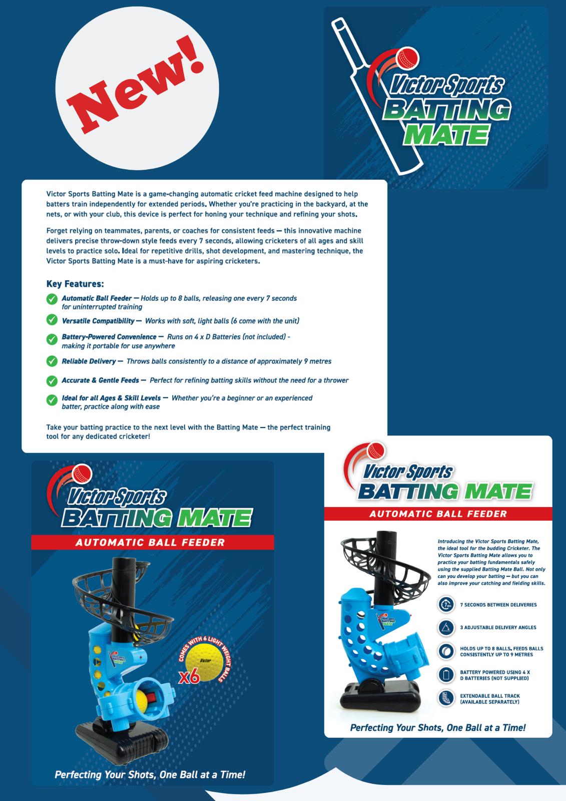 Promotional flyer for Victor Sports Batting Mate Cricket Bowling Machine by Victor Sports. Highlights automatic ball feeder, key features, and batting tips, with images of the machine and cricket balls to boost practice.