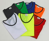 Six folded Samba Mesh Training Bibs by Samba Sports in black are arranged in a fan shape on a white background. Each bib features a black collar and a visible label at the neck.