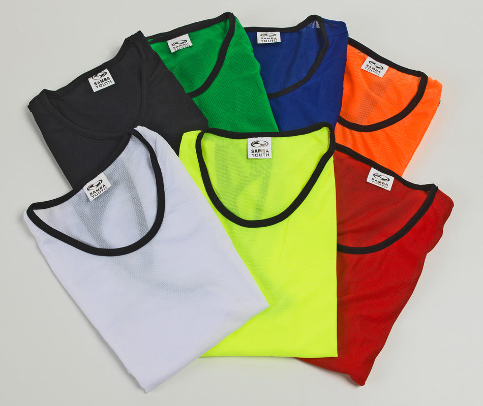 Six folded Samba Mesh Training Bibs by Samba Sports in black are arranged in a fan shape on a white background. Each bib features a black collar and a visible label at the neck.