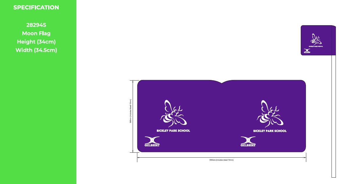 A design specification for Martin Berrill Sports Custom Printed Moon Flags for Bickley Park School: a 34cm x 34.5cm purple flag with a white bee logo and school name, featuring branding on a white and green background.
