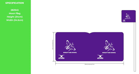 A design specification for Martin Berrill Sports Custom Printed Moon Flags for Bickley Park School: a 34cm x 34.5cm purple flag with a white bee logo and school name, featuring branding on a white and green background.