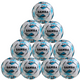 A ten-pack of Samba Infiniti EDU Footballs by Samba Sports—white PVC balls with blue and black accents, each boldly marked SAMBA—ideal for schools or training sessions.