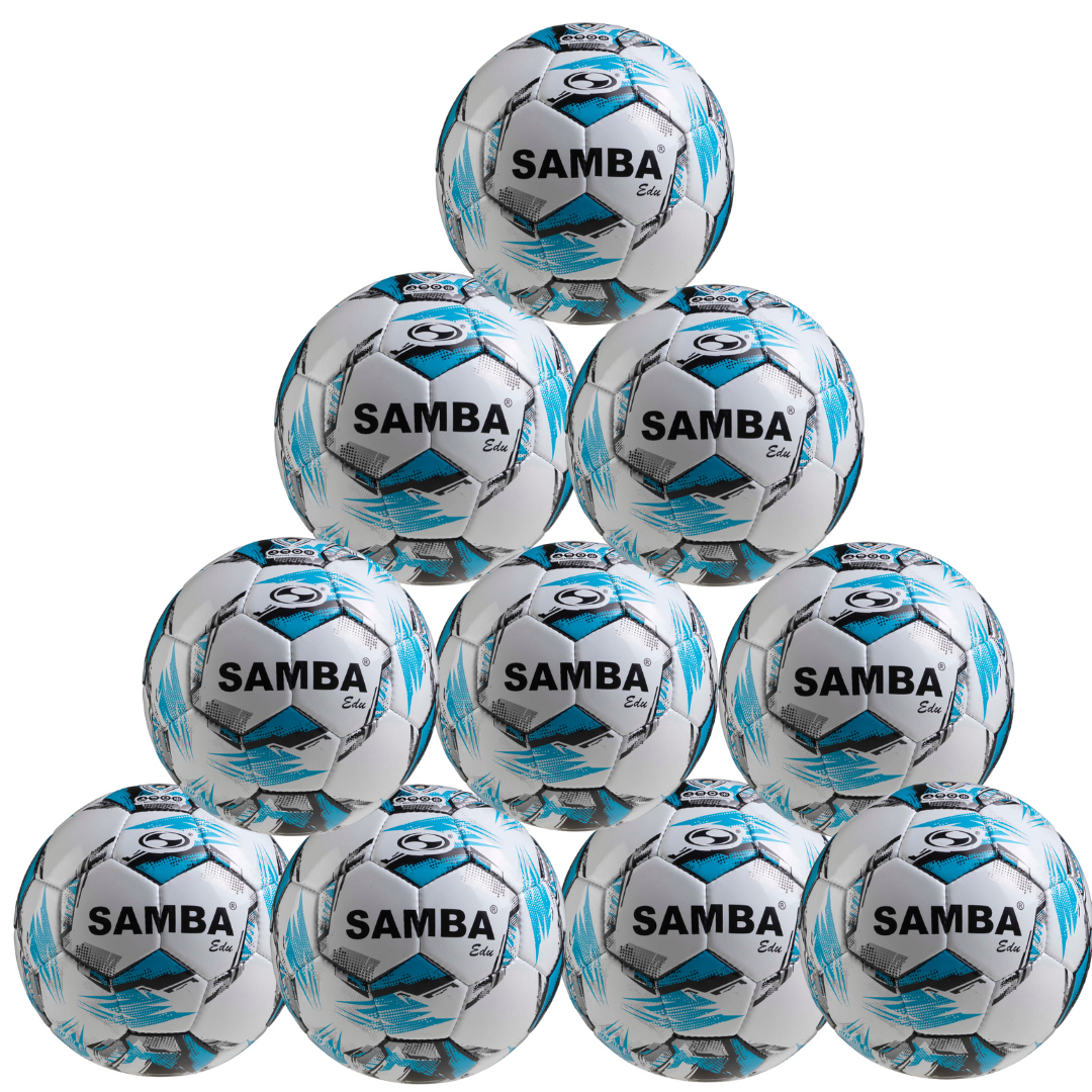 A ten-pack of Samba Infiniti EDU Footballs by Samba Sports—white PVC balls with blue and black accents, each boldly marked SAMBA—ideal for schools or training sessions.