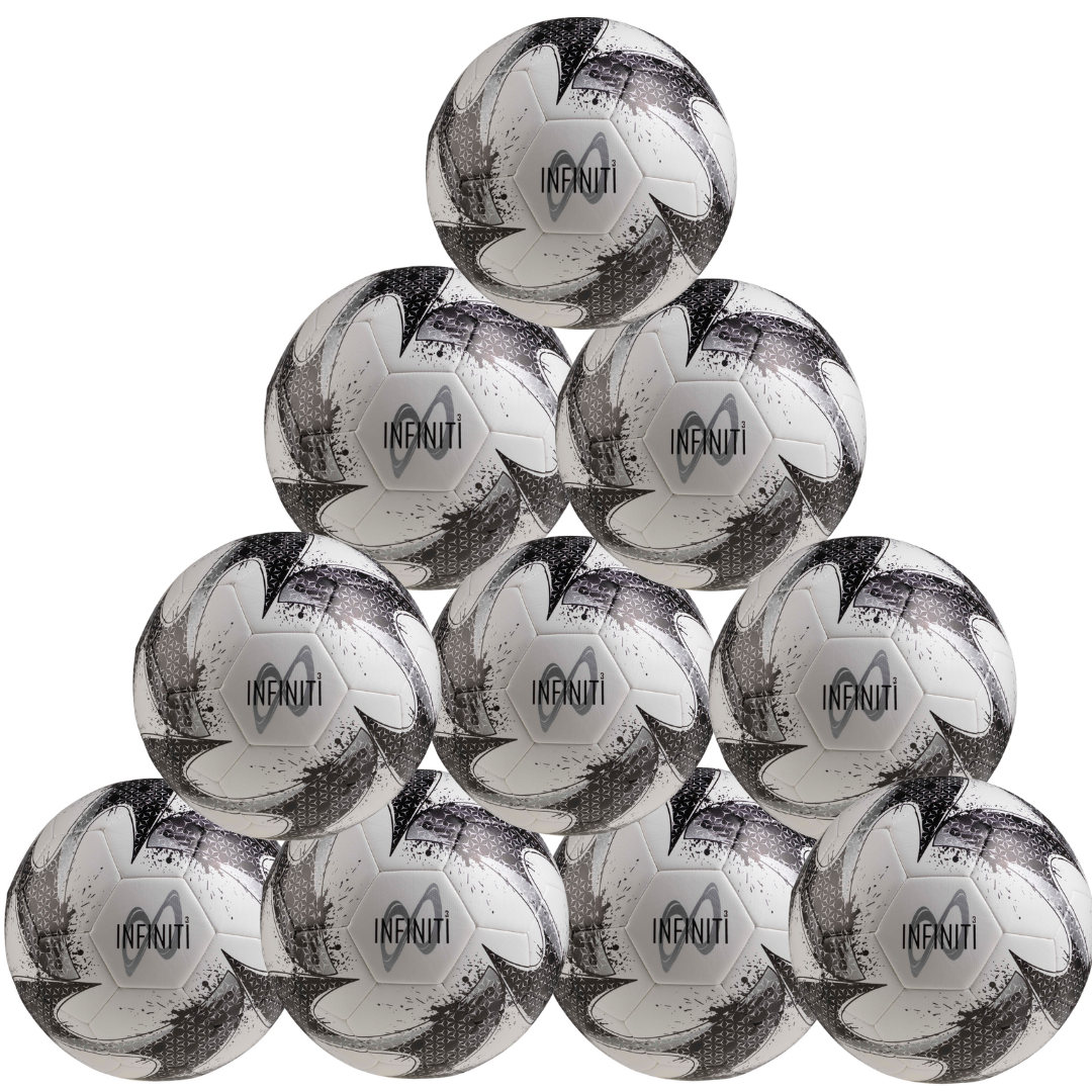 A pyramid stack of ten Samba Sports Infiniti Training Footballs in silver, white, and black—each printed with INFINITY—a perfect ten-ball pack for training on grass pitches.