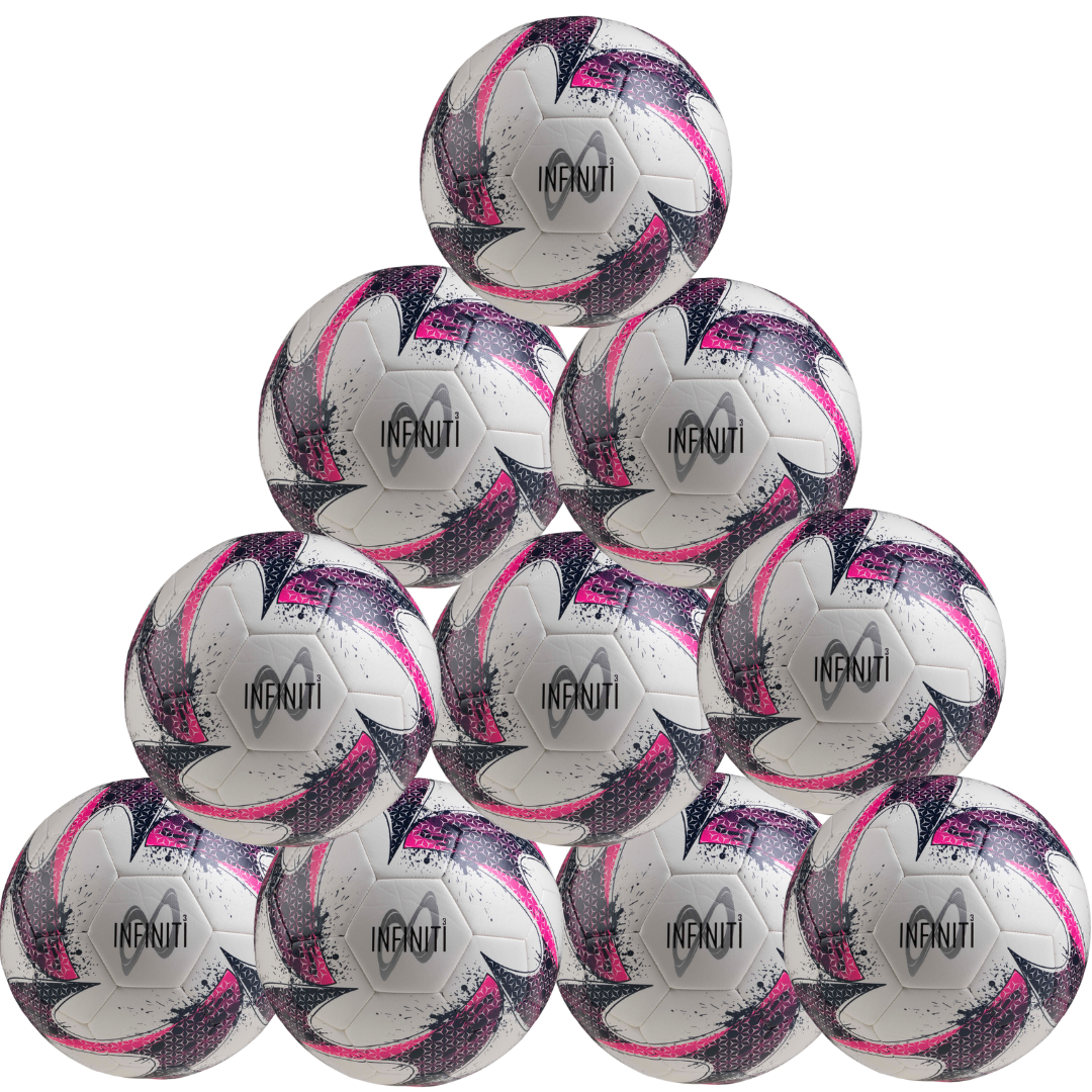 A stack of ten Samba Sports Infiniti Training Footballs (White/Pink/Navy) from the Ten Ball Pack—ideal for training on grass pitches, each featuring the INFINITY logo and modern design.