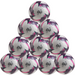 A stack of ten Samba Sports Infiniti Training Footballs (White/Pink/Navy) from the Ten Ball Pack—ideal for training on grass pitches, each featuring the INFINITY logo and modern design.