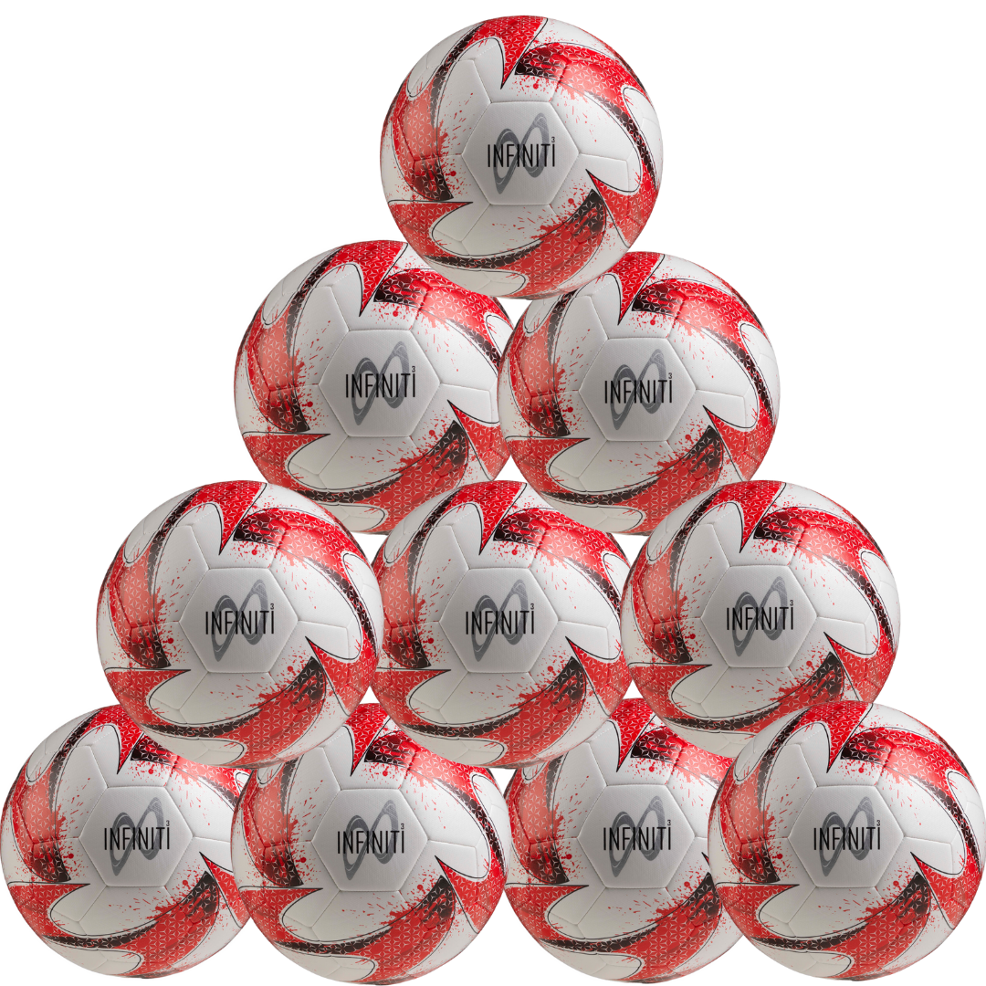 A ten-ball pack of Samba Infiniti Training Footballs by Samba Sports, featuring red, black, and white colors—ideal for training on grass pitches.