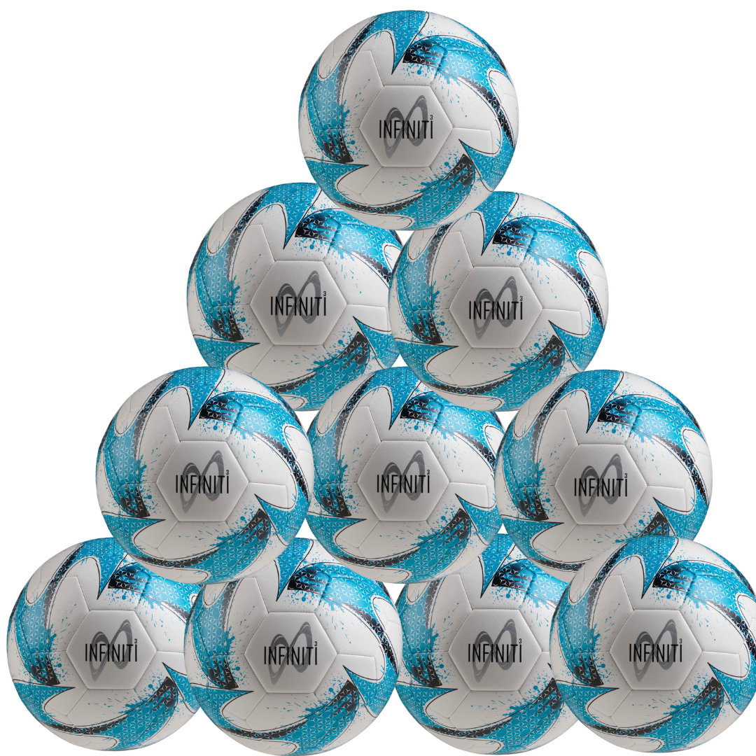 A pyramid-shaped stack of ten Samba Sports Infiniti Training Footballs in blue, black, and white, featuring a modern design and logo—ideal for grass training. Ten Ball Pack.