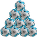 A pyramid-shaped stack of ten Samba Sports Infiniti Training Footballs in blue, black, and white, featuring a modern design and logo—ideal for grass training. Ten Ball Pack.