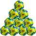 A pyramid of ten Samba Sports Infiniti Training Footballs (Fluo Yellow/Blue) from the Ten Ball Pack, ideal for grass training, is stacked with four at the base, then three, two, and one ball on top. INFINITI is printed on each ball.