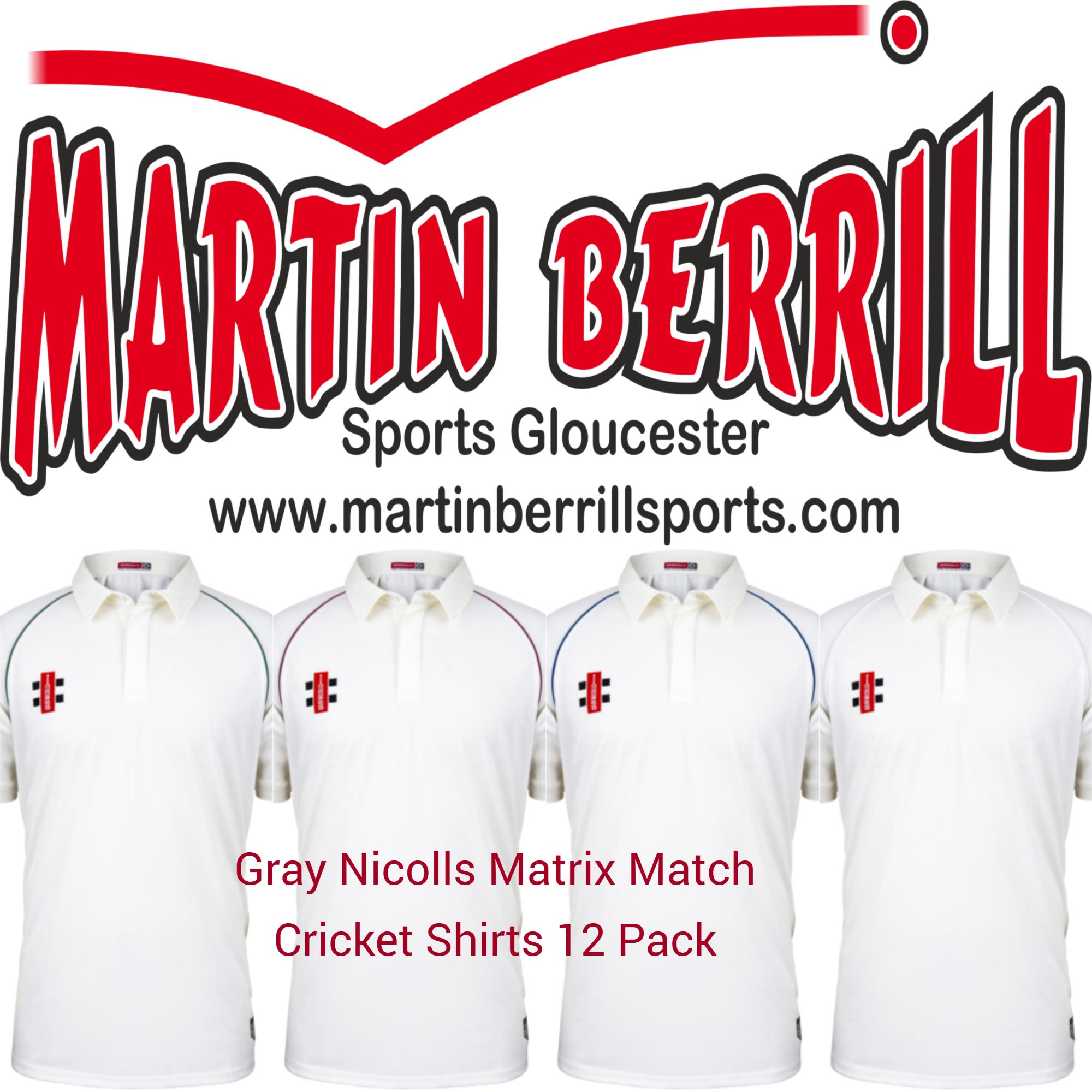 A set of Gray Nicolls Matrix Cricket Shirt 12 Packs with custom logos, featuring white team shirts for cricket.