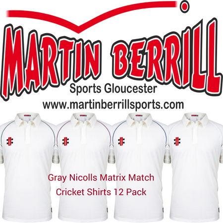 A set of Gray Nicolls Matrix Cricket Shirt 12 Packs with custom logos, featuring white team shirts for cricket.