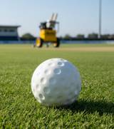 A Bola Junior Bowling Machine Practice Ball from Bola, featuring a white dimpled design, rests on green grass in sharp focus, while cricket stumps and a Bola Junior Bowling Machine appear blurred in the sunny background.