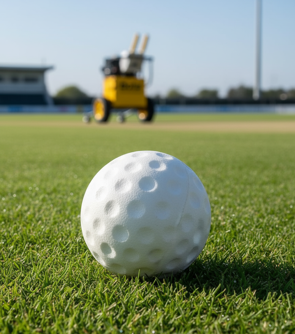 A Bola Junior Bowling Machine Practice Ball from Bola, featuring a white dimpled design, rests on green grass in sharp focus, while cricket stumps and a Bola Junior Bowling Machine appear blurred in the sunny background.