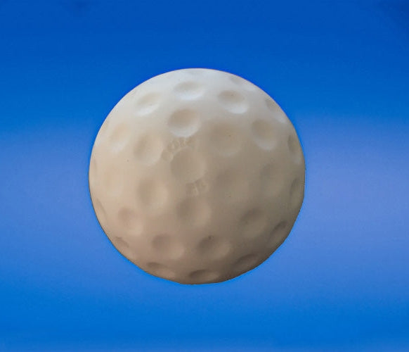 A white Bola Senior Bowling Machine Practice Ball (dozen) is centered against a blue gradient background, resembling those used for cricket training.