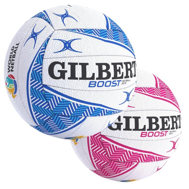Two white Gilbert Boost Match Netballs, size 5, in blue and pink geometric patterns with the Gilbert branding and World Netball logo—these balls offer classic match ball quality.
