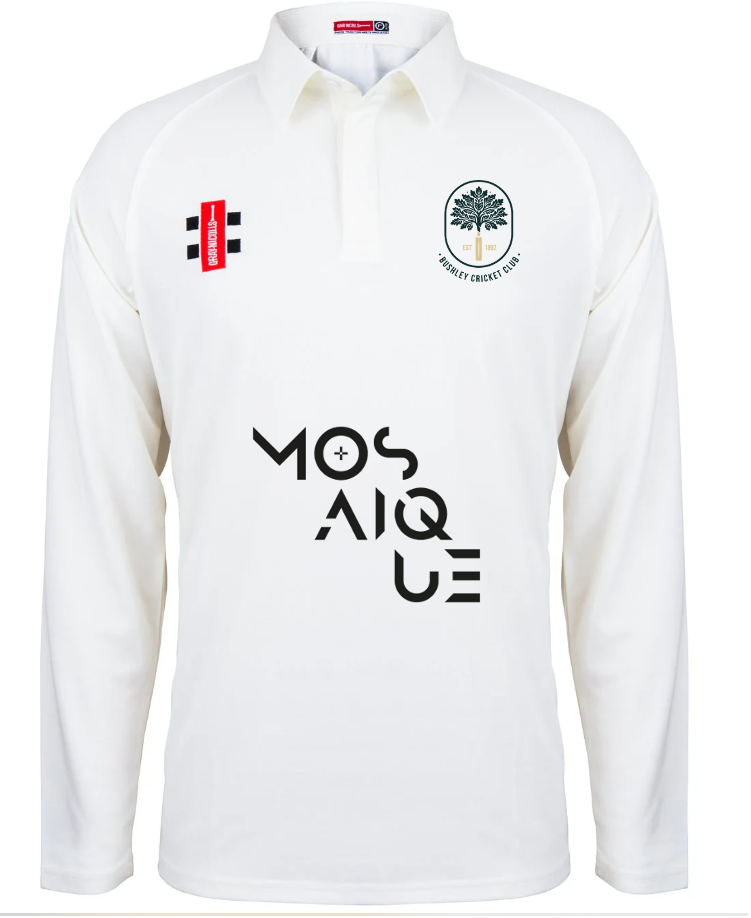 The Bushley CC Matrix V2 Long Sleeve Cricket Shirt by Gray Nicolls is a white collared shirt with moisture control fabric, a tree emblem and Bushley Cricket Club on the left chest, a red rectangular patch on the right, and MOSAIQUE in bold black font across the front.