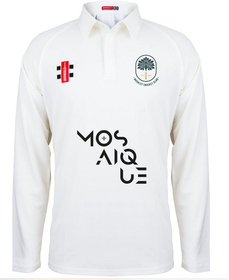 The Bushley CC Matrix V2 Long Sleeve Cricket Shirt by Gray Nicolls is a white collared shirt with moisture control fabric, a tree emblem and Bushley Cricket Club on the left chest, a red rectangular patch on the right, and MOSAIQUE in bold black font across the front.