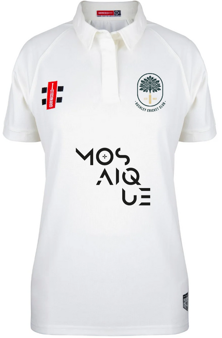 A white short-sleeved, breathable Bushley CC Ladies Matrix V2 S/S Match Shirt by Gray Nicolls, featuring sponsor logos and a cricket emblem on the left chest, with "MOSAIQUE" in bold black lettering across the front. This moisture-wicking sports top ensures comfort throughout every inning.