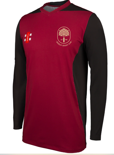 The Bushley CC Ladies T20 Match Shirt Long Sleeve by Gray Nicolls is a maroon and black, moisture-wicking cricket shirt with gold tree logo and HORLEY CRICKET CLUB on the left chest, plus a white and red sponsor logo on the right chest.