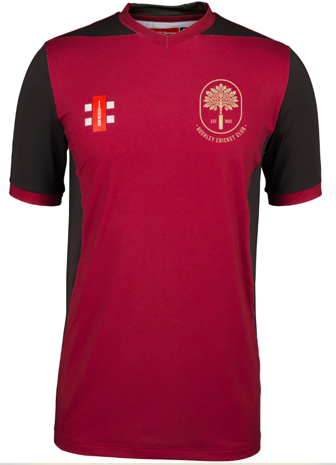 The Bushley CC Ladies T20 Match Shirt by Gray Nicolls is a maroon short-sleeved cricket top with black sides, a club crest and "Hornsey Cricket Club" on the left chest, sponsor logos on the right, and moisture-wicking comfort.