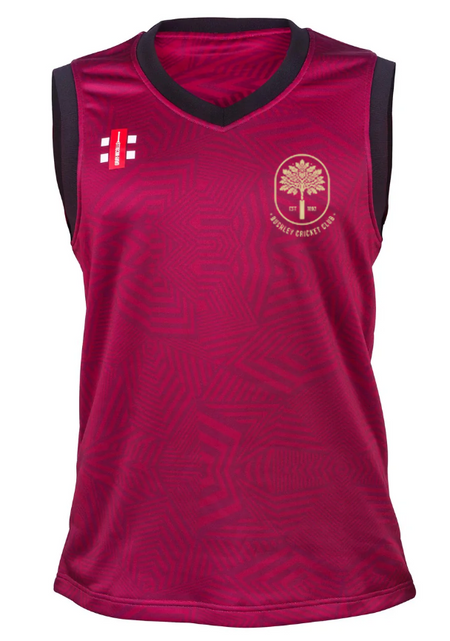 The Gray Nicolls Bushley CC Ladies Pro T20 Slipover is a sleeveless maroon cricket vest with a subtle geometric pattern, an emblem on the left chest, and two small flags on the right shoulder.