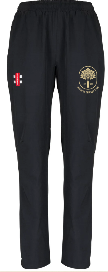 The Gray Nicolls Bushley CC Matrix V2 Ladies T20 Trousers in black feature an elastic waistband, Bushley Cricket Club logo on the right thigh, and England flag patch on the left—ideal cricket trousers for ladies combining comfort and style.