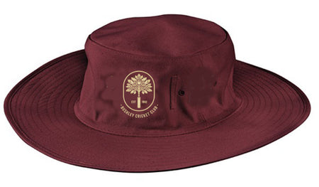 The Hunts County Bushley CC Cricket Sunhat for ladies is maroon with a wide brim, gold tree logo, "EST 1882," and "BURLEY CRICKET CLUB" beneath it.