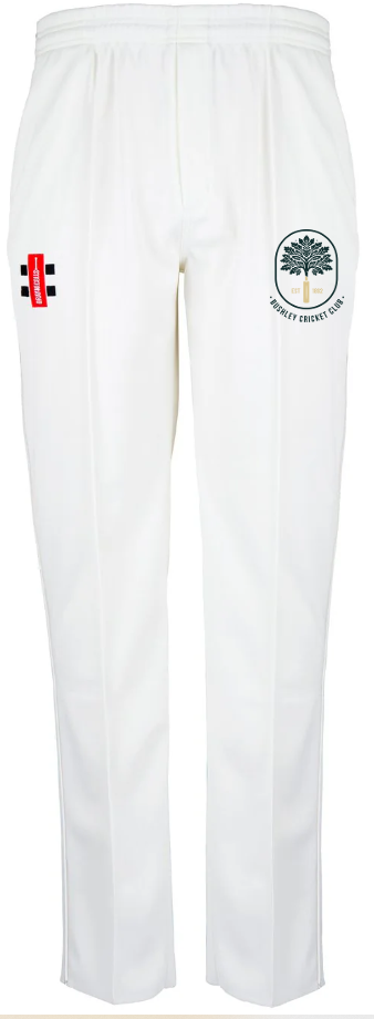 The Gray Nicolls Bushley CC Matrix V2 Cricket Trousers are white with moisture control, a comfy elastic waistband, a red and black logo on the left thigh, and a circular tree crest for Horley Cricket Club on the right thigh.