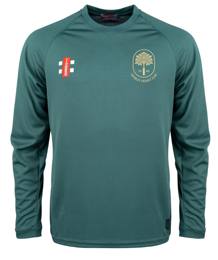 The Gray Nicolls Bushley CC Matrix V2 Long Sleeve T-Shirt in green is ideal for training, featuring a gold "Hornby Cricket Club" chest logo, two white rectangles with a red label on the right, and a buttonless crew neck.