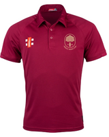 The Gray Nicolls Bushley CC Matrix V2 Polo is a maroon short-sleeve cricket shirt with a buttoned collar, gold tree emblem and text on the left chest, white and orange embroidered logos on the right, and moisture-wicking fabric for active training.