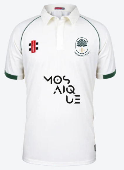 Introducing the Bushley CC Matrix V2 Short Sleeve Match Shirt by Gray Nicolls. This white cricket jersey showcases green accents, including green trim on the sleeves and thin piping on the shoulders. The front features bold black "MOSAIQUE" lettering, along with club logos on the chest and a club crest bearing a tree emblem. Crafted from breathable polyester for optimal comfort, this cricket shirt is designed to keep you cool during every match.