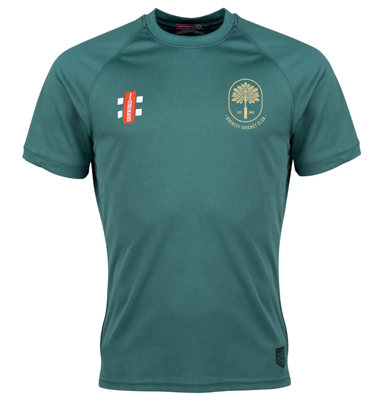 The Gray Nicolls Bushley CC Matrix V2 T-Shirt is a green short-sleeved training top with moisture-wicking fabric, a gold emblem on the left chest, and a white-and-red logo on the right, featuring a crew neck and simple stitching.