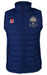 The Bushley CC Pro Performance Bodywarmer by Gray Nicolls is a sleeveless navy blue vest featuring gold embroidered "BUSHLEY CRICKET CLUB EST 1882" on the left chest and a red, white, and blue patch on the right. Ideal comfort on or off the field.
