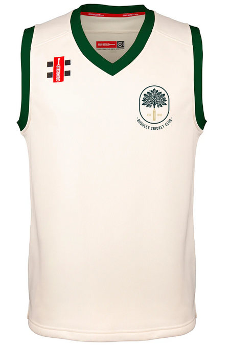 The Gray Nicolls Bushley CC Pro Performance Slipover is a sleeveless white cricket slipover with dark green trim. The left chest bears the club logo, featuring a tree and "BUSHLEY CC," while the right shoulder shows a red sponsor patch.