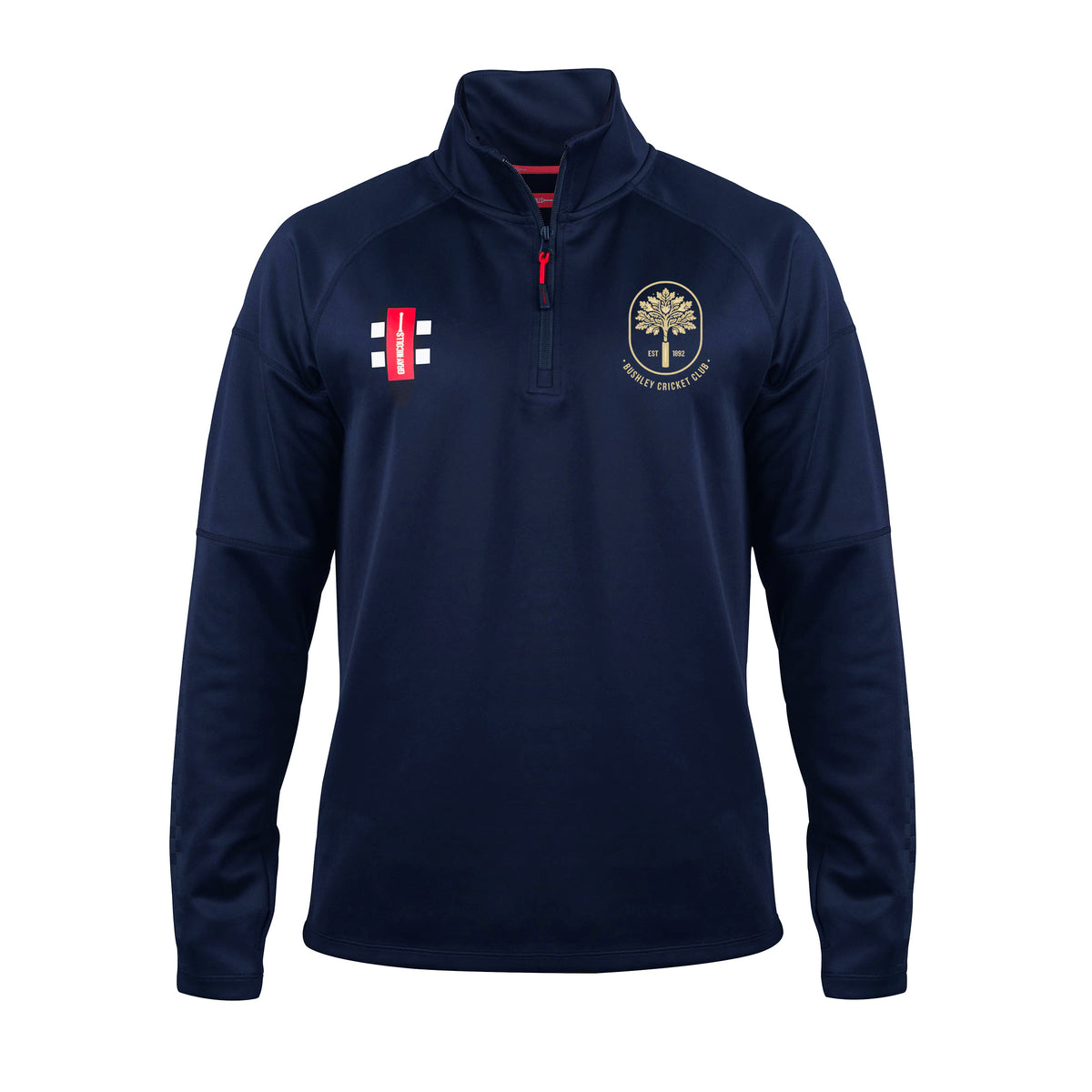 The Gray Nicolls Bushley CC Pro Thermo Fleece is a navy blue long-sleeve 1/4 zip pullover with raglan sleeves, a cricket bat and ball logo on the left chest, and a gold tree emblem with text on the right chest.