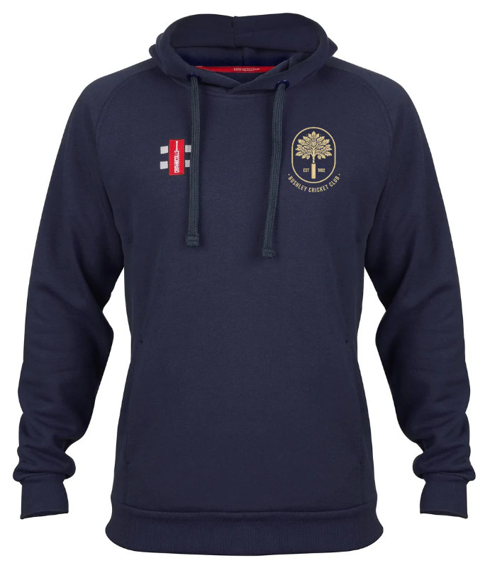 The Gray Nicolls Bushley CC Velocity Hoodie is a navy blue organic cotton hoodie with drawstrings, featuring a gold tree emblem and Pangbourne Cricket Club text on the left chest plus a red-and-white two-stripe logo on the right chest.