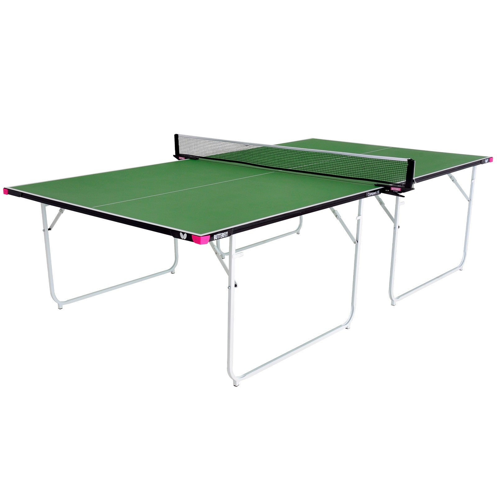 The Butterfly Compact 16 Wheelaway Table Tennis Table by Butterfly features a green playing surface with a net in the center, foldable metal legs, a black-edged design, and stylish pink corner accents—making it an ideal and fashionable choice for any home table tennis setup.