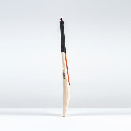 The Gray Nicolls Legend Gold Edition SH Cricket Bat stands upright against a light gray background, featuring a light-colored English willow blade with an expanded sweet spot, a black handle grip, and an orange stripe on one side.