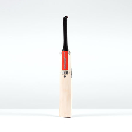 The Gray Nicolls Legend Platinum Edition SH Cricket Bat, featuring a light premium English willow blade, black gripped handle, and red label at the top, stands upright against a plain white background.