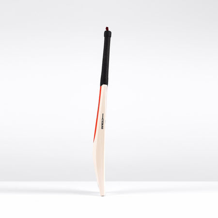 The Gray Nicolls Legend Silver Edition Junior Cricket Bat, featuring a black grip, expanded sweet spot, and red and black accents along the edge, stands upright against a plain white background.
