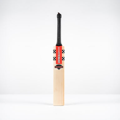 The Gray Nicolls Neocore 500 Harrow Cricket Bat 2026 stands upright on a white surface, featuring Pro Shape, NEOCORE technology, a black grip, and a red label against a plain white background.