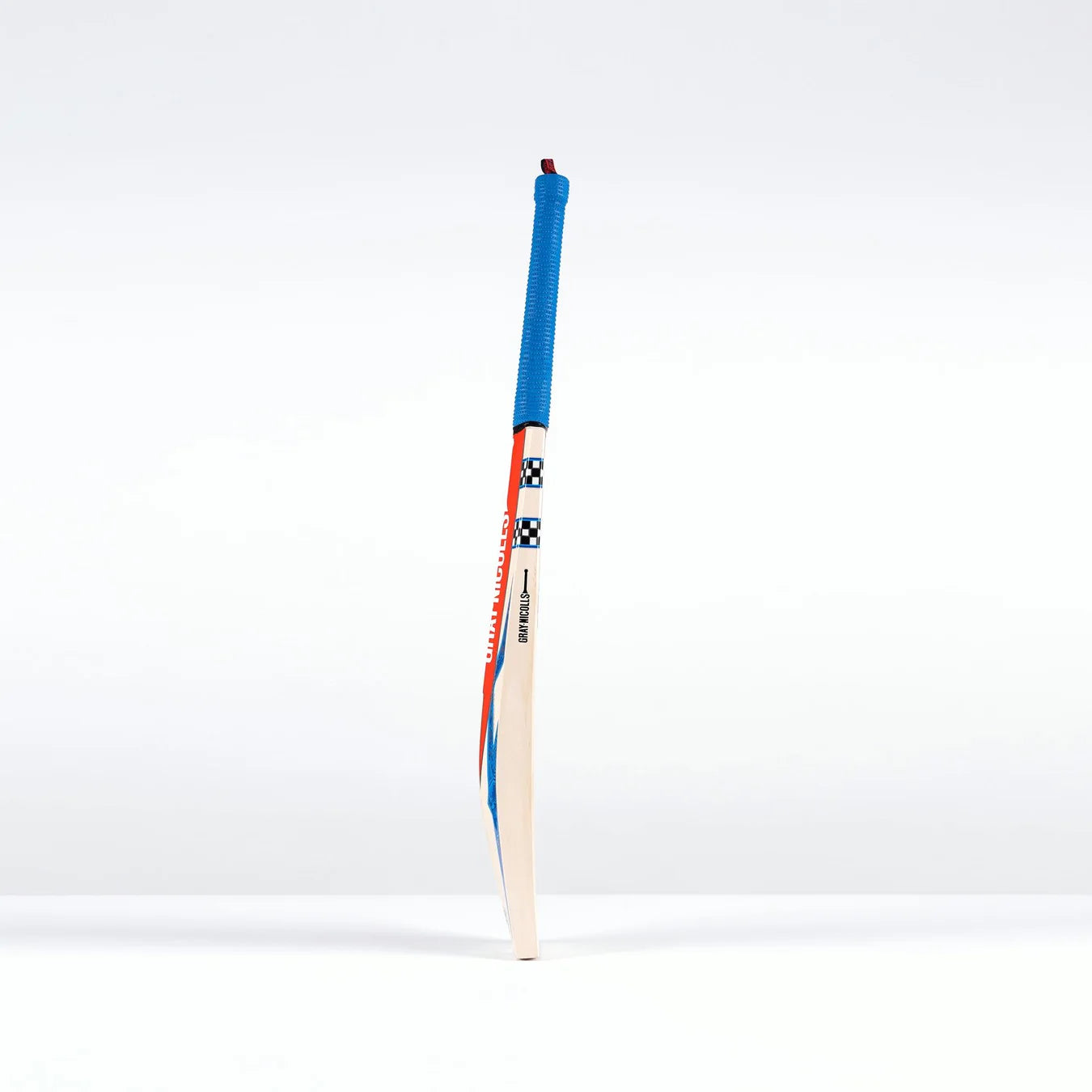 The Gray Nicolls Havoc 1.0 Test Cricket Bat 2026, featuring a blue grip and red-blue accents, stands upright against a plain white background.